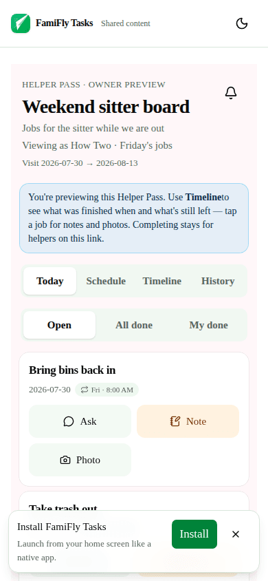 Helper Pass Today tab with open jobs and Ask, Note, Photo actions